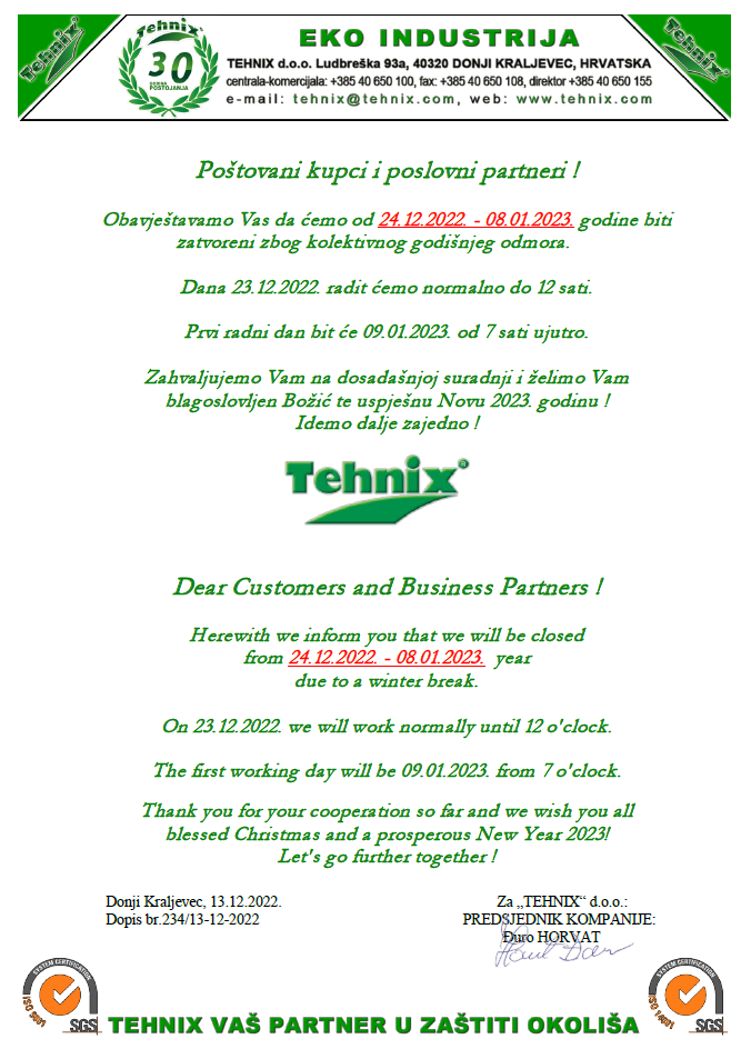 Dear Customers and Business Partners! – Informations about winter break in Company Tehnix